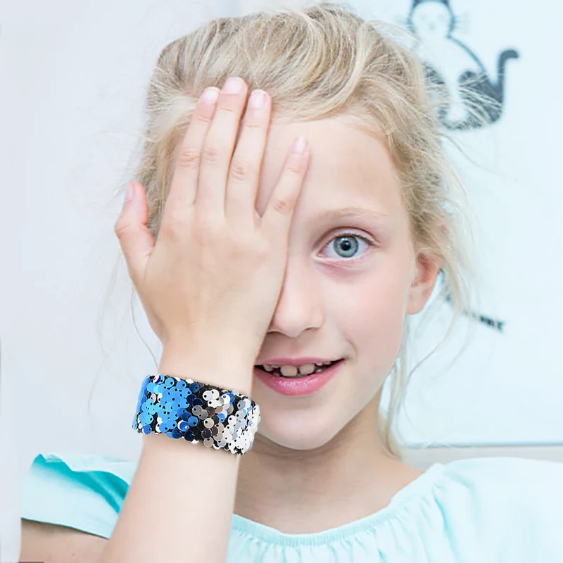 5pcs Glitter Slap Bracelets Mermaid Sequin Wristband for Girl Little Mermaid Birthday Party Decoration Gift Kids Toy Baby Shower