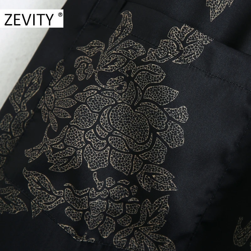 ZEVITY Women vintage flower print pockets patch straight pants female elastic waist pleats casual slim Trousers chic pants P934