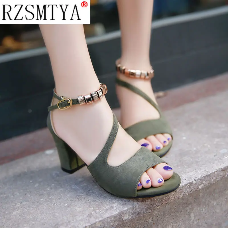 Fashion Women High Heel Sandals Sexy Open Toe Shoes Women Ankle Strap Sandals Metal Beading Thick Heels Footwear Size 42 women high heels platform high heels sandals ankle buckle sandals