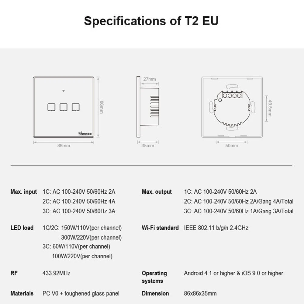 Интеллектуальный выключатель света SONOFF T2 TX умный Переключатель ЕС Wi-Fi настенный коснутый переключатель с границ дома 1/2/3 433 пульт RF/Голосовое управление/приложение/трогательно Управление