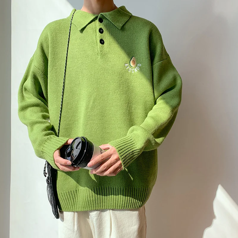 Sweater autumn men's fashion loose embroidered sweater knit men's lapel personality solid color long-sleeved pullover sweater Sweater autumn men's fashion loose embroidered sweater knit men's lapel personality solid color long-sleeved pullover sweater