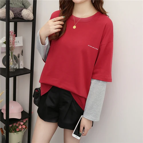 XiaoX 8026 hong Harajuku корейский с принтом в стиле пэчворк футболки поддельные 2 шт. o-образным вырезом с длинным рукавом рубашка Женская Повседневная негабаритная Женская футболка Топы - Цвет: XiaoX 8026 hong