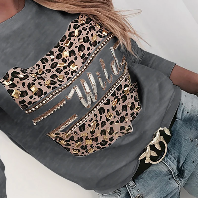 Women Sequins Lips Print Fashionable Sweatshirt Autumn Leopard Long Sleeve Beading Hoodie Lady O-neck Kawaii Sweatshirt Hoodies