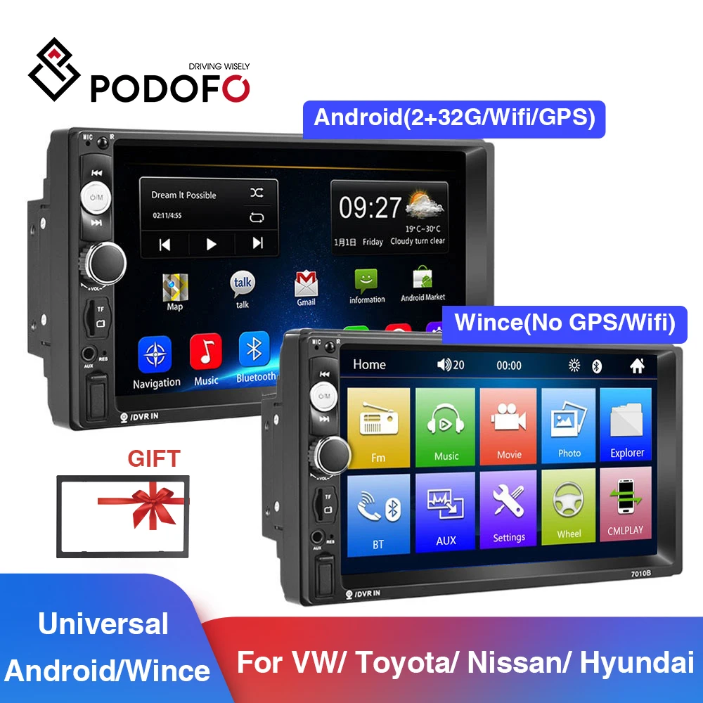 Podofo Wince Or Android 2+32GB Radio Car 2 Din Universal car radio 7&quot Stereo With GPS WIFI For VW Volkswagen Nissan Hyundai KIA |