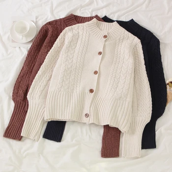 

knitted women sweaters and cardigans 2019 winter new solid button lantern sleeved loose short lady elegant outwear coat tops