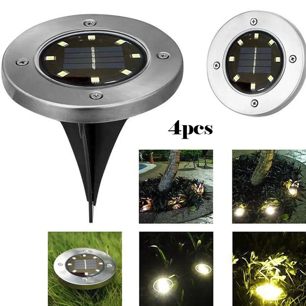 4 шт./компл. солнечный подземный свет 8Led из нержавеющей стали на открытом воздухе наземная трава свет Солнечный сад диск водонепроницаемый свет
