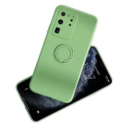 Liquid Silicone Ring Holder Shockproof Phone Case with Strap and Magnet Feature - S26 ultra (Light green no rope)