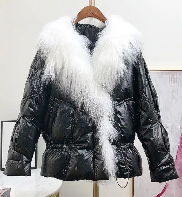 Черный Женский пуховик новое зимнее пальто женские короткие куртки на утином пуху пляжная шерсть большого размера, натуральный мех воротник Свободная верхняя одежда парки - Цвет: Черный