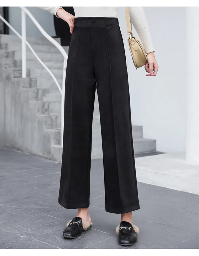 Ankle-Length Women Woolen Pants Wide Leg Pant 2019 New Fashion Autumn Winter Wear High Waist Loose Female Black Beige Trousers (16)