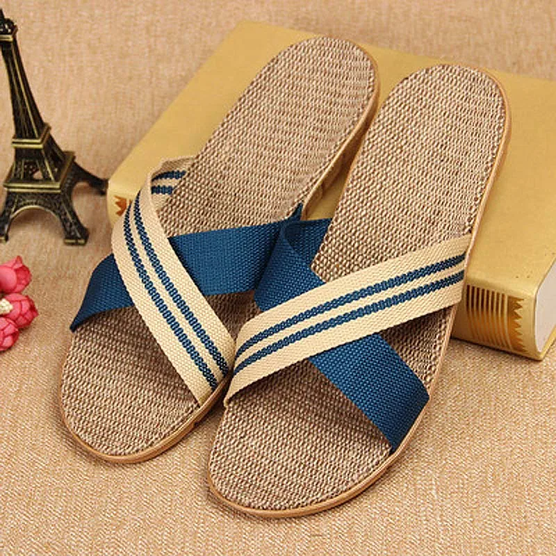 

Summer New Men's Linen Slippers Fashion Home Hemp Slides Couples Flat Breathable EVA Flip Flops Male Casual Sandals Wholesale