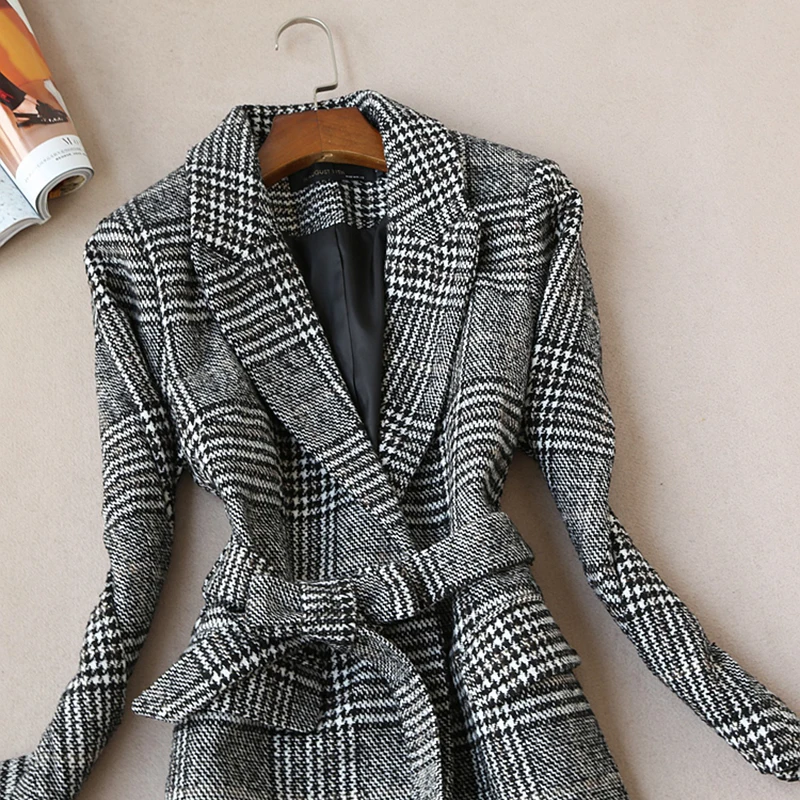 Женское шерстяное пальто черного и белого цвета, клетчатое пальто, большие размеры, винтажные длинные пальто, новые зимние TJ14