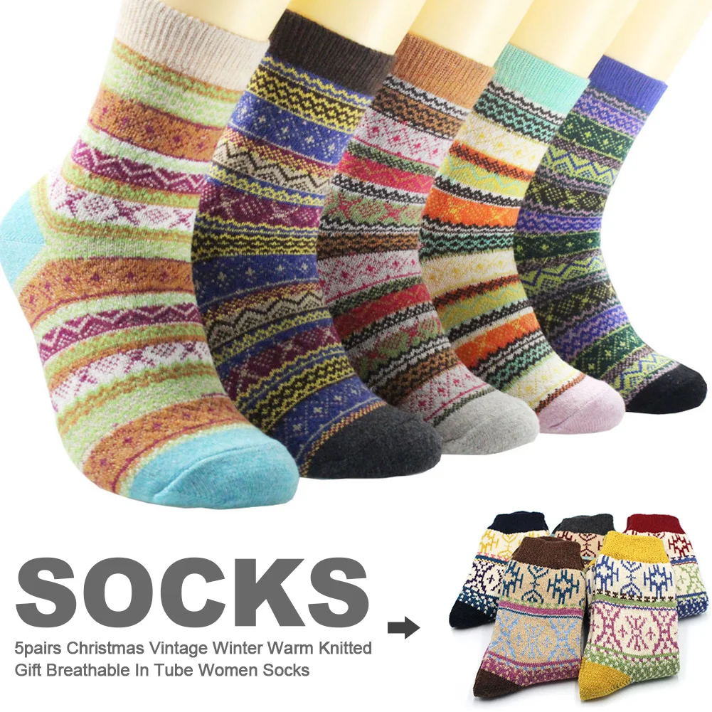 

5pairs Women Socks Artificial Wool Winter Warm Gift Knitted Thickened Ladies Breathable In Tube Elastic Christmas Vintage Soft