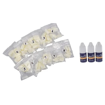 

500 Pcs French Acrylic Artificial Fake Fingernails Full Cover Fake False Nails Art Tips White & 3Pcs 3G Professional Nail Glue