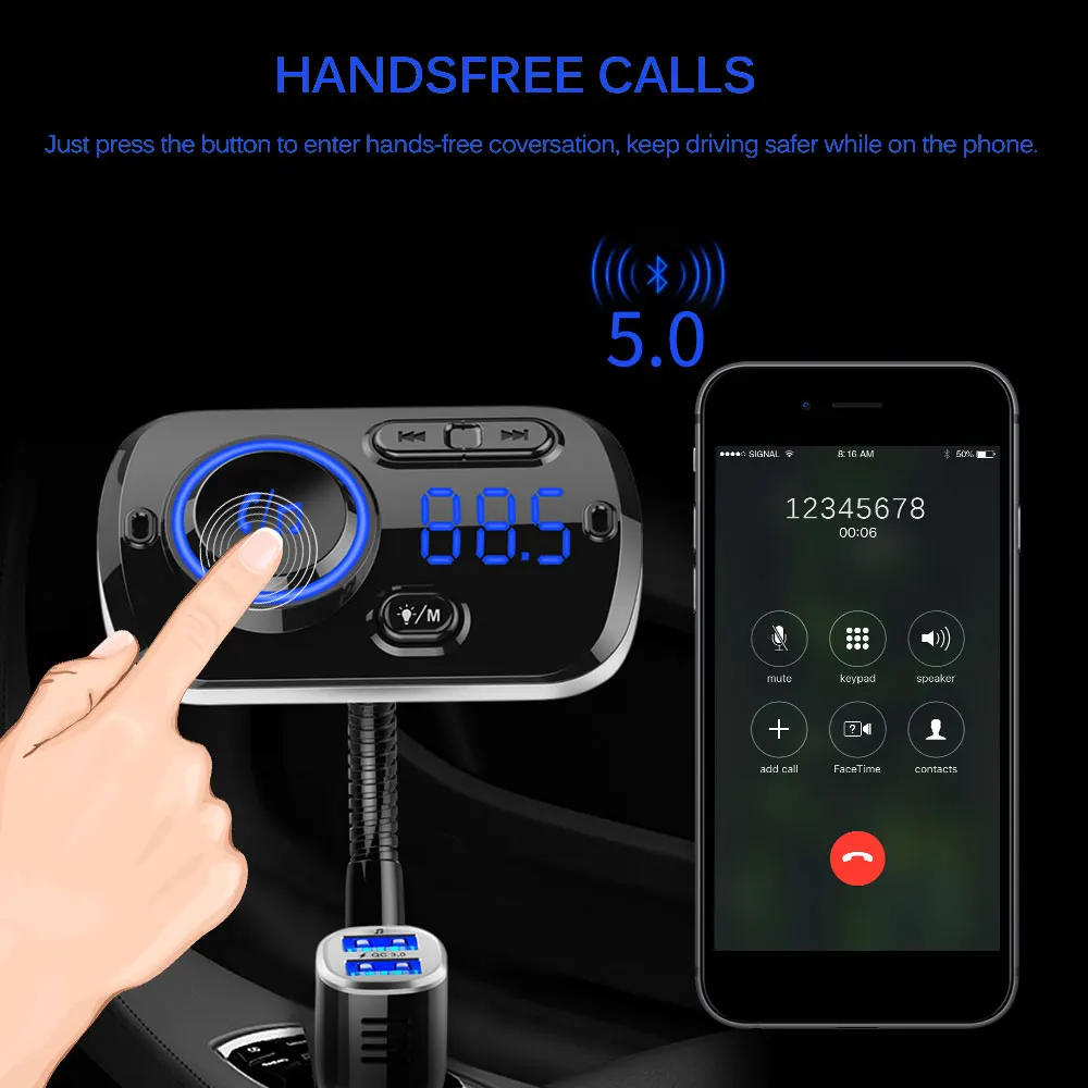 Автомобильный Bluetooth 5,0 плеер FM передатчик QC 3,0 Быстрая зарядка красочный атмосферный светильник дисплей MP3 Громкая связь вызов двойной USB