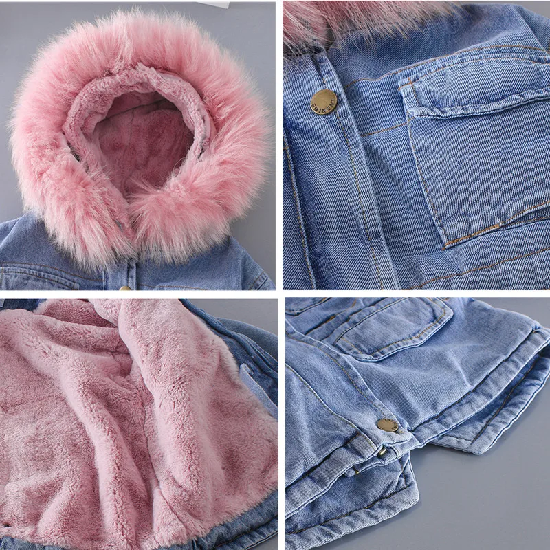 Зимняя джинсовая куртка для маленьких девочек, От 2 до 7 лет теплая верхняя одежда с натуральным мехом для маленьких девочек утепленная парка для маленьких девочек