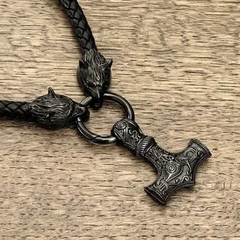 

Men's Wolf Head Norse Viking Amulet Thor Hammer Pendant Necklace Viking King Chain