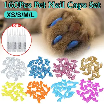 

160Pcs/set 8 Color Cat Nail Caps Pet Nail Protector With Glue Soft Silicone Cat Nail Cover High Quality