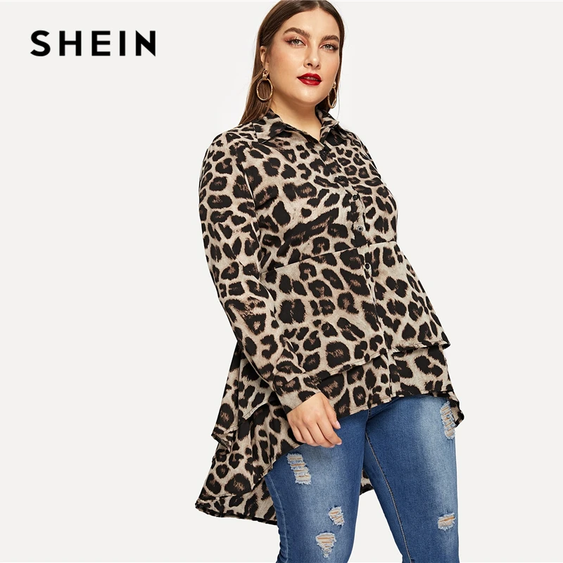  SHEIN Plus Size Casual Leopard Print Dip Hem Shirt Blouse Women Spring Autumn Layered Hem Office La