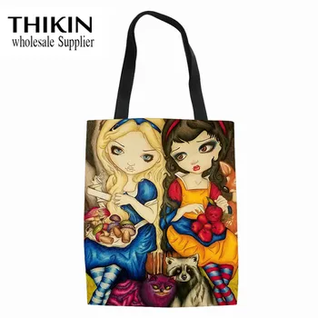 

THIKIN Dark Princess Cartoon Doll Print Women Canvas Tote Bag Girls Shopping Bag Reusable Large Capacity Ladies Summer Beach Bag