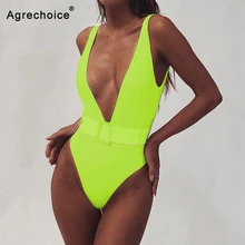 Сексуальный глубокий V цельный купальник женский пояс купальники однотонный комбинезон монокини с высоким вырезом купальник с открытой спиной пляжная одежда