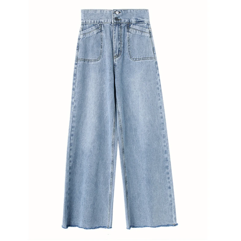 

Fashion Women Blue Wide Leg Jeans Vintage High Waist Pockets Jeans Trousers Female Casual Boyfriend Denim Pants Vaqueros Mujer