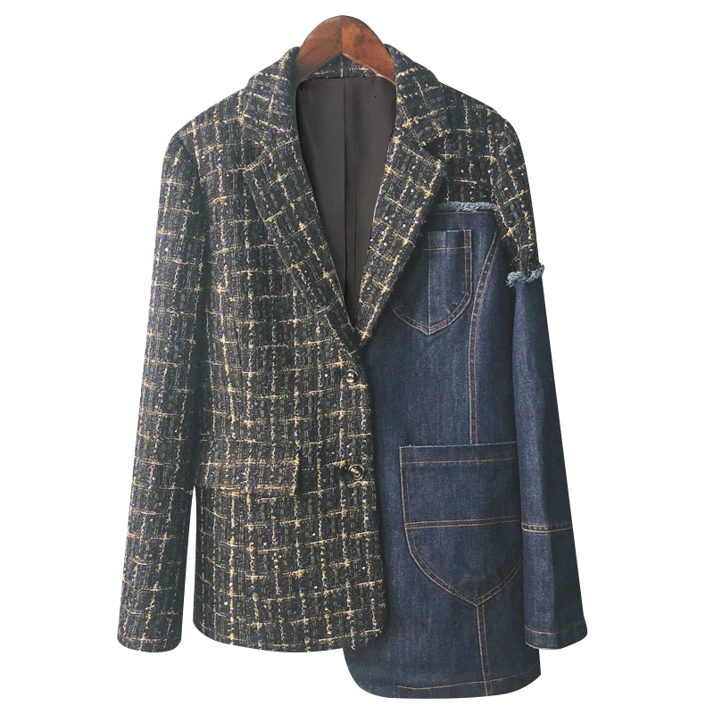 CHICEVER Hit Color Plaid Women's Blazer Notched Long Sleeve Pocket Patchwork Denim Coats Female Autumn Fashion New Clothes