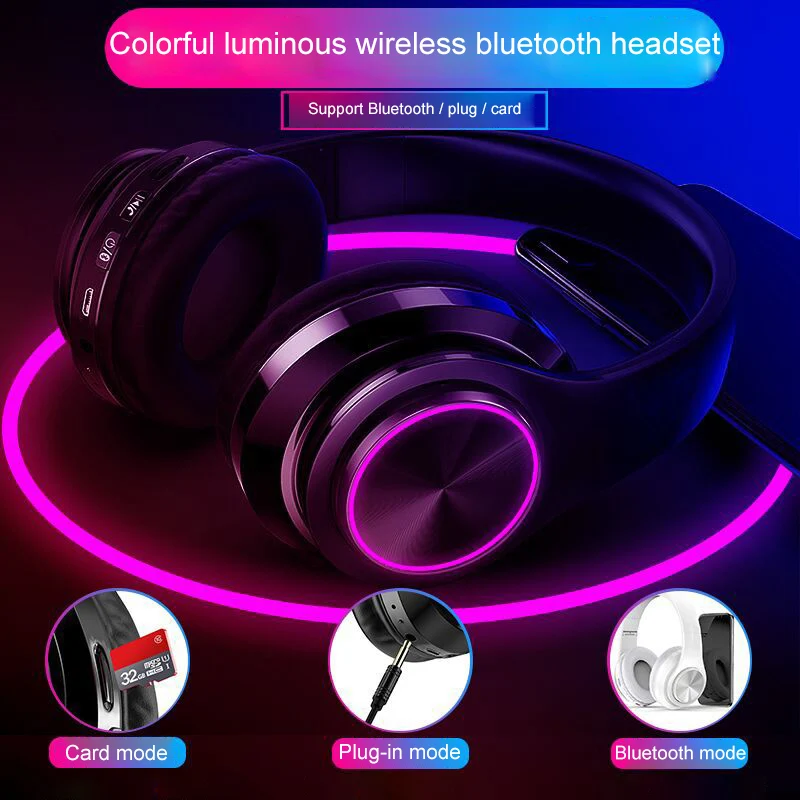 Классные Hi Fi стереонаушники светящиеся Складные Bluetooth музыкальные наушники FM
