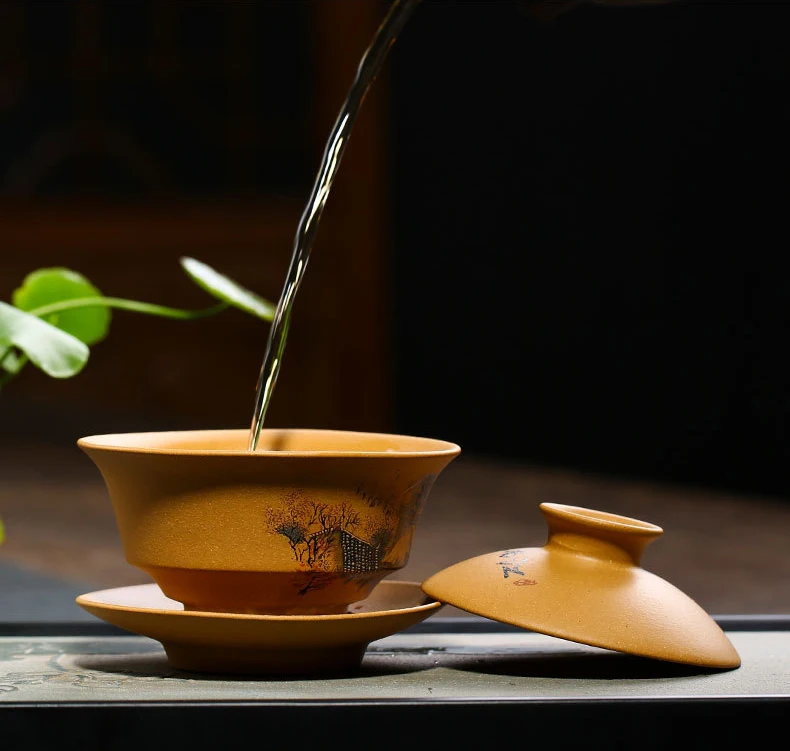 Yixing Gaiwan, 135 мл, чайная чаша, блюдце, набор крышек, фиолетовая глина, чашка, чайник, контейнер, ручная роспись, чайная тарелка, чайная посуда, Декор, ремесла