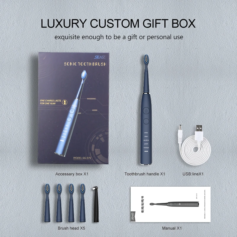 SEAGO Smart Rechargeable Electric Toothbrush Sonic for 5 modes Can Used 180 Days with 4 Brush Heads & 1 Interdental brush SG575 SEAGO Smart Rechargeable Electric Toothbrush Sonic for 5 modes Can Used 180 Days with 4 Brush Heads & 1 Interdental brush SG575