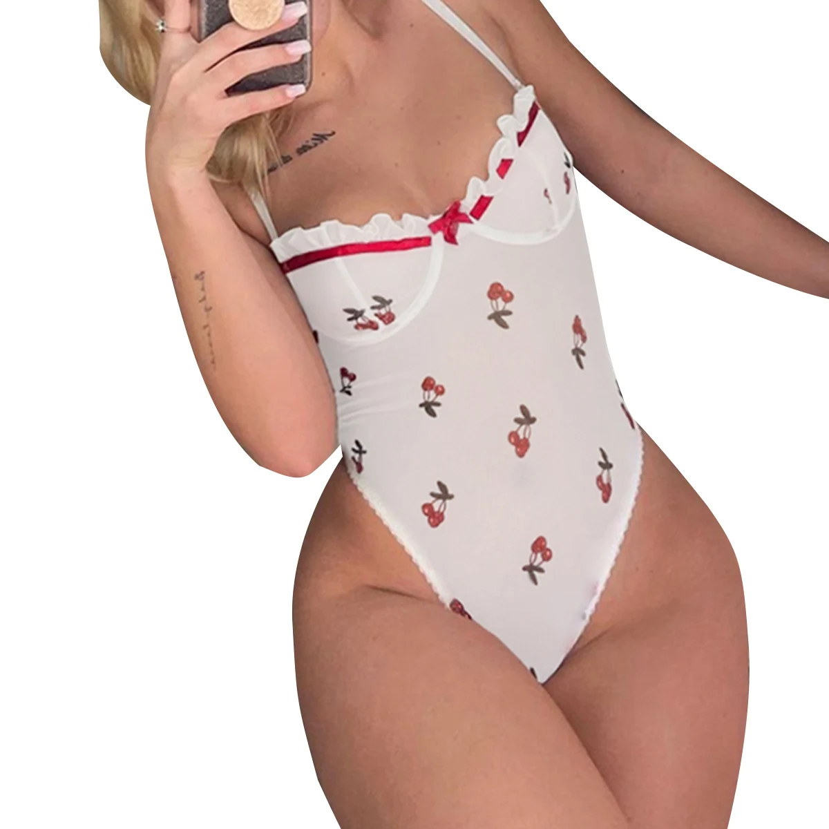 Women Rompers Sexy Cami Bodysuit, Spaghetti Strap V Neck Cherry Print Backless Bodycon Jumpsuit