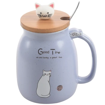 

New sesame cat heat-resistant cup color cartoon with lid cup kitten milk coffee ceramic mug children cup office gifts(blue)