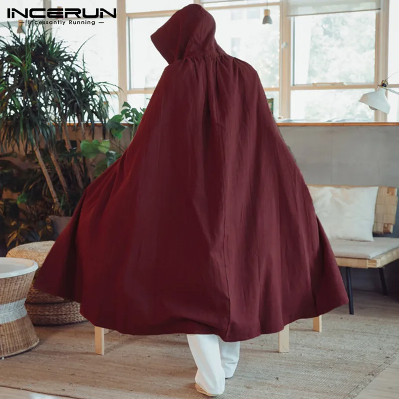 INCERUN Vintage Men Cloak Cape Long Outerwear Hooded Cotton Solid Fashion Jakcets Loose Men Trench Coat Men Cosplay Costume