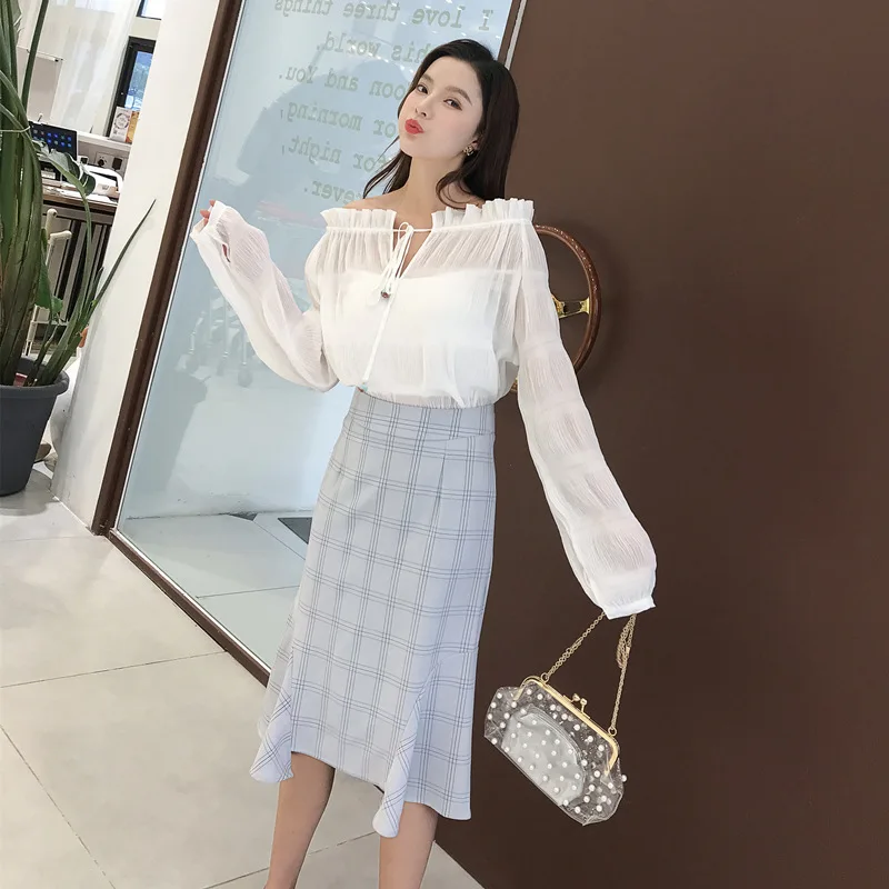 

2019 Spring off-Shoulder Chiffon Tops Super Fire Retro Hong Kong Style Fishtail Skirt Set