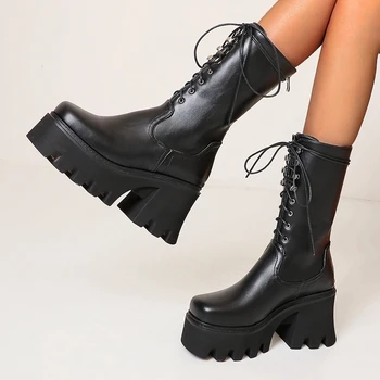 

Lapolaka New Large Sizes 44 Square High Heels Platform Fashionable Winter Woman Shoes Shoelaces Cool Motorcycles Boots