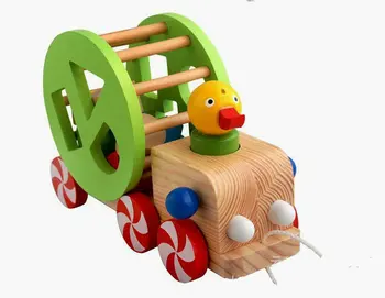 

Free shipping Wisdom duck pull car kids wooden classic shape cognitive toys, animal toy trailer Children's educational wood toys
