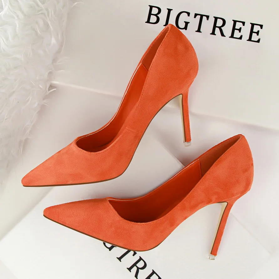 Черные пикантные оранжевые туфли с острым носком на высоком каблуке 9 см; женские туфли из органической замши с закрытым носком - Цвет: Оранжевый