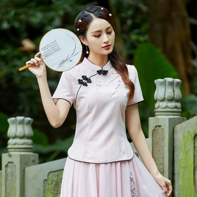Sheng Coco блузки Cheongsam блузка в китайском стиле чайный костюм цветы вышивка блузки Cheongsam женская хлопковая рубашка - Цвет: Pink shirt