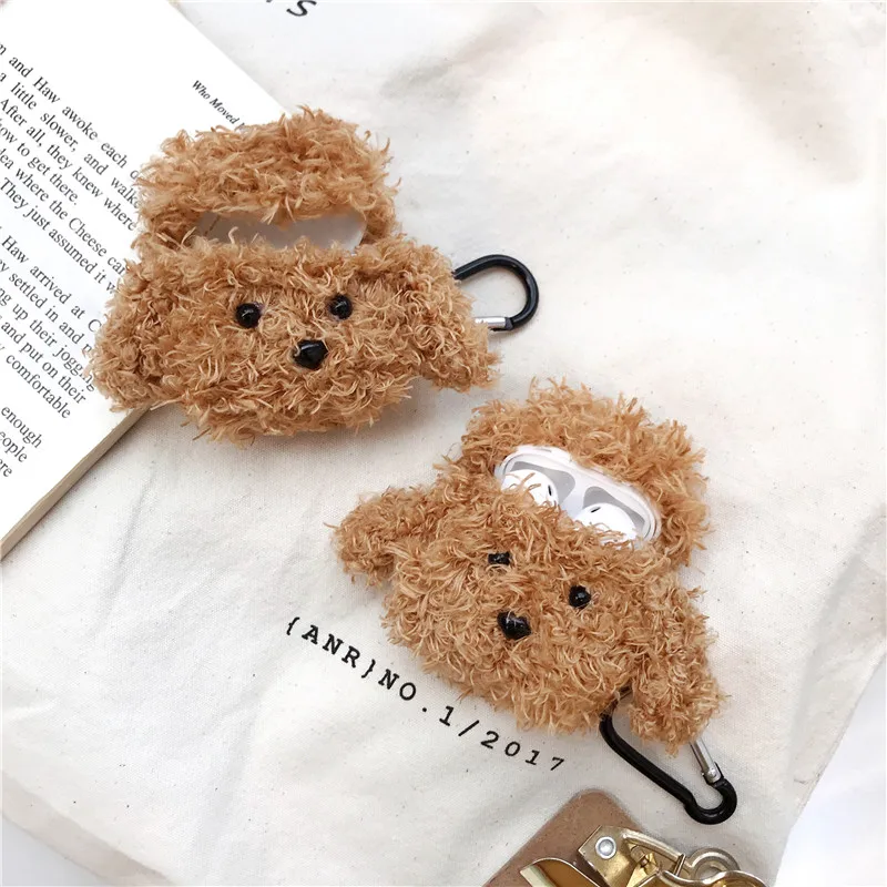 Cute Flannel teddy Dog Case For Apple Airpods Cover Funny Cartoon Bluetooth Earphone Case For air pods 2 1 Silicone Fuzzy Funda