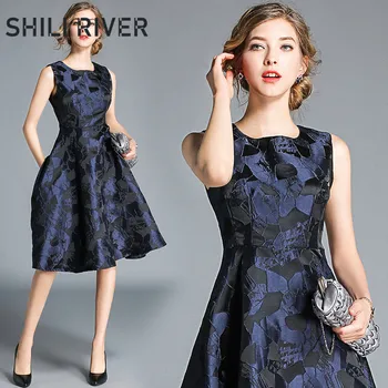

2020 summer designer runway vest dress for women sleeveless slim casual floral elegant vintage O neck knee length swing dresses