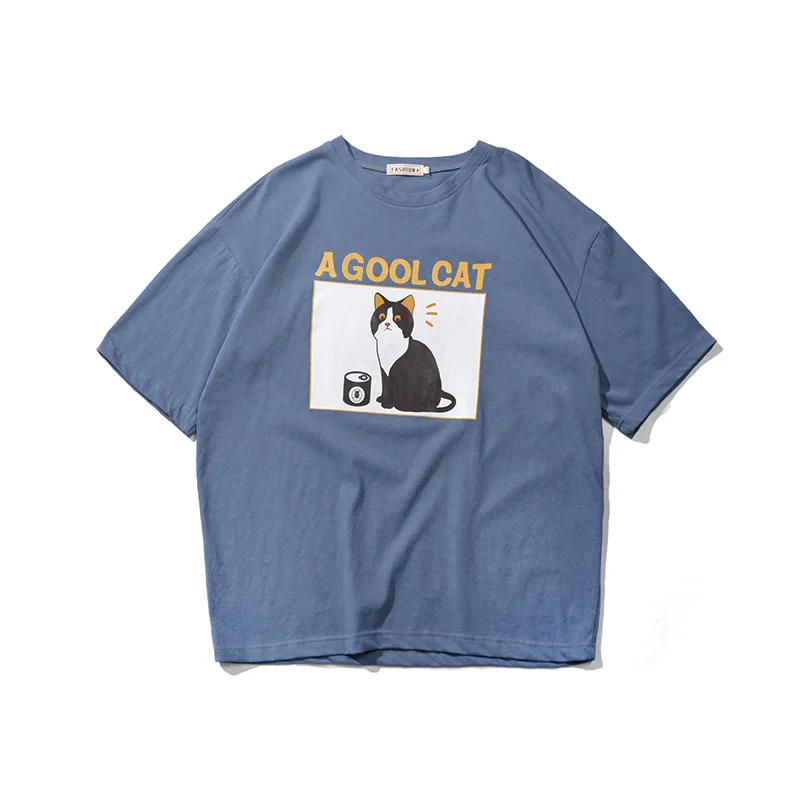 

Cute cat print cotton new all-match tshirt college style half sleeves large size plain clothes Harajuku loose new streetwear top