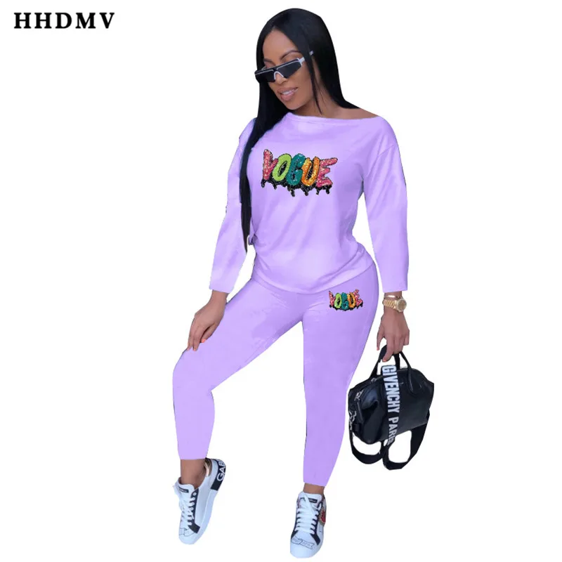 HHDMV TH3368 весенние женские повседневные комплекты с длинными рукавами, круглым вырезом, буквенным топом, эластичным принтом, длинные штаны, 4 цвета, комплекты из двух предметов - Цвет: Фиолетовый