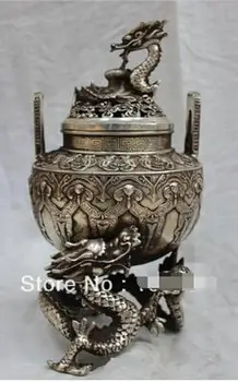 

China's Tibet bronze statue Buddha Silver ,two Dragon censer Incense burner