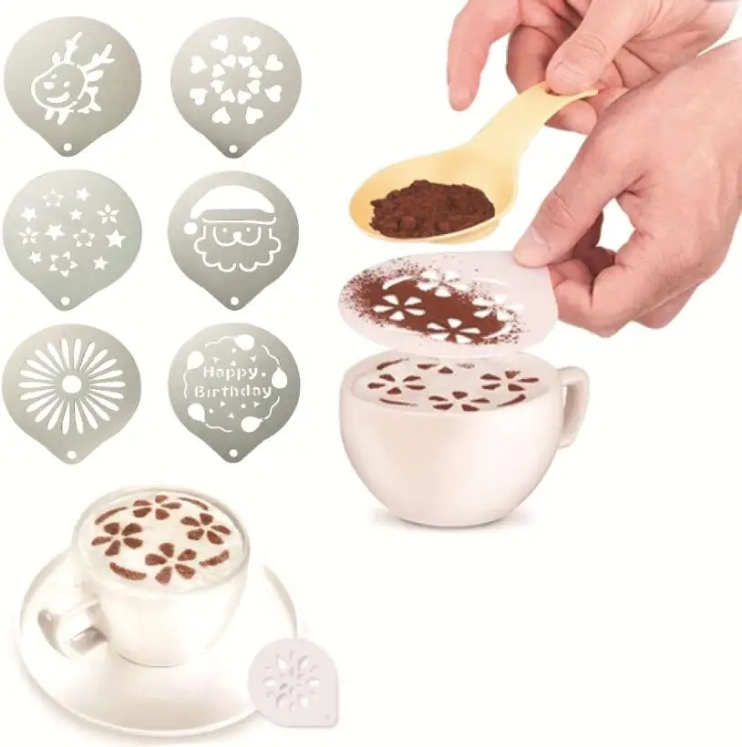 

Stainless Steel Coffee Stencil Mold Powder Sugar Sifter Filter Coffee Pattern Template Cappuccino Latte Milk Barista Molds