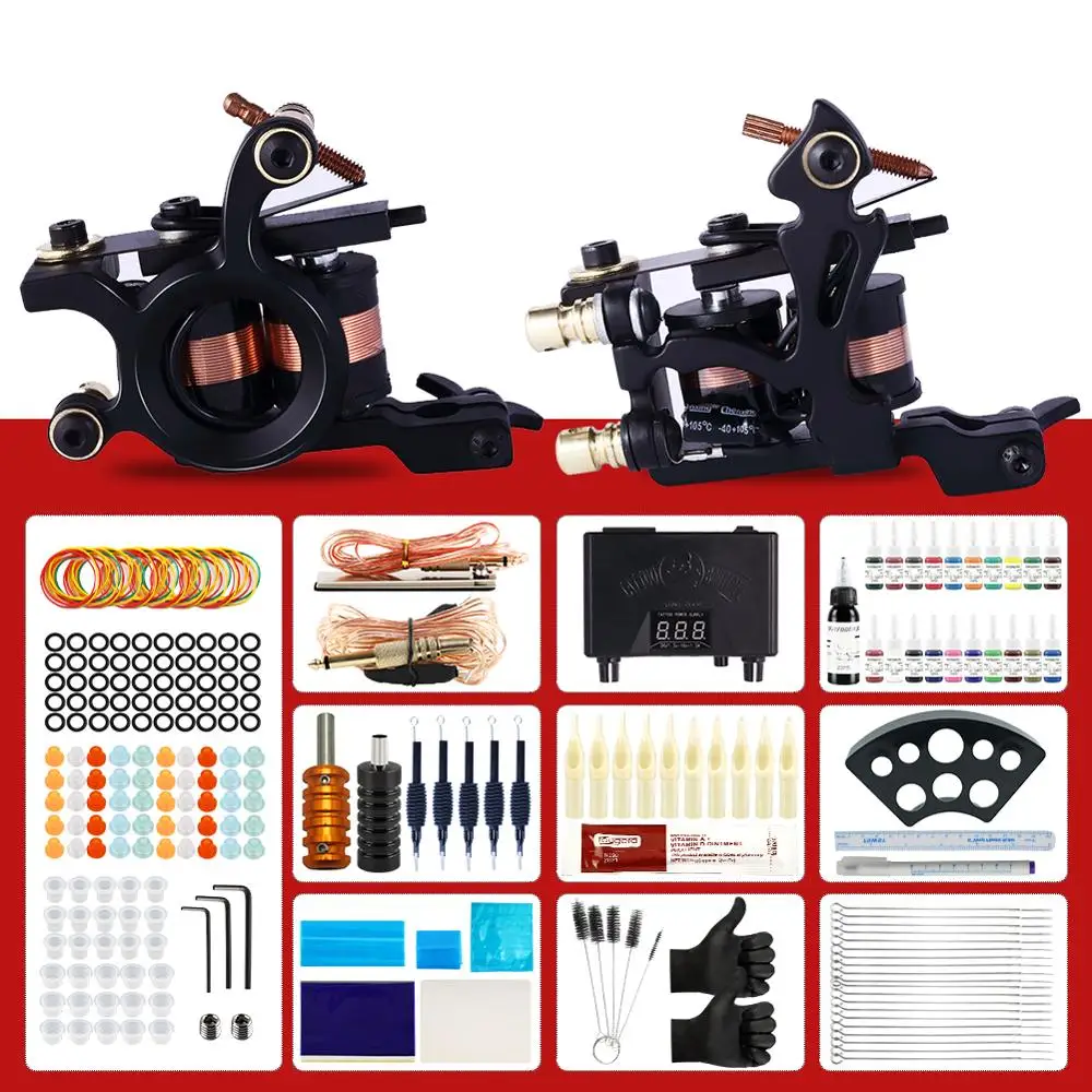 

Beginner Complete Tattoo Kit 2 Machines Mini 20pcs Ink Set Power Supplies Grips Body Art Tools Set Permanent Makeup Tattoo Set