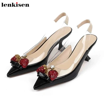 

Lenkisen cute maiden style mixed colors strawberry decorations pointed toe high heels women spring sweet slingback pumps L09