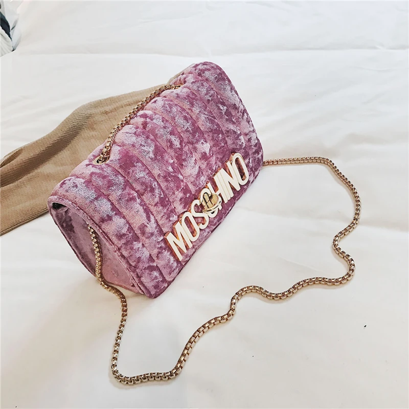 Velvet-Pink Бархатные сумки через плечо для женщин зимняя модная маленькая квадратная сумка с буквенным принтом женская сумка на плечо роскошная сумка-мессенджер на цепочке - Цвет: Velvet-Pink