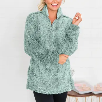 

Winter Sherpa Fleece Sweater Women 1/4 Zipper Teddy Fluffy Pullover Women Warm Coat Turtleneck Mixed Fleece Sherpa Sweaters