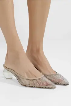 

Womens Transparent Crystal Clear Med Ball Heels Slippers Fashion Sandals Shoes New Slingback Pumps Pointed Toe 6Colors B51