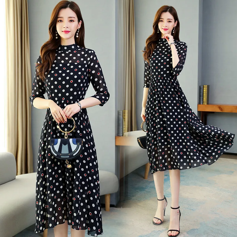 

2020 Spring New Style Large Size Dress Fat Mm Loose-Fit Belly Covering Slimming Mid-length Polka Dot Chiffon Dress Women's