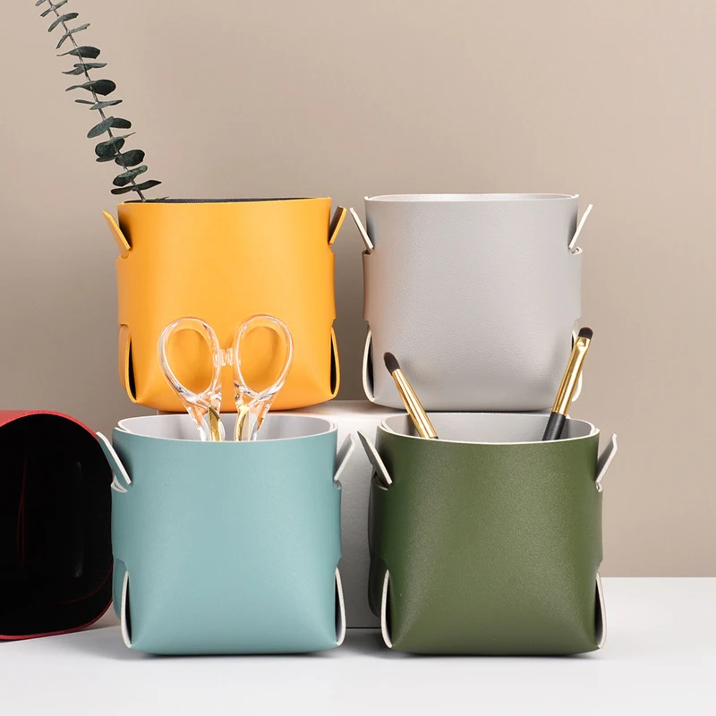Leather Key Storage Box Folding Desktop Cosmetic Organizer Jewelry Brush Ins Stationery Sundries Basket Home Decor | Дом и сад